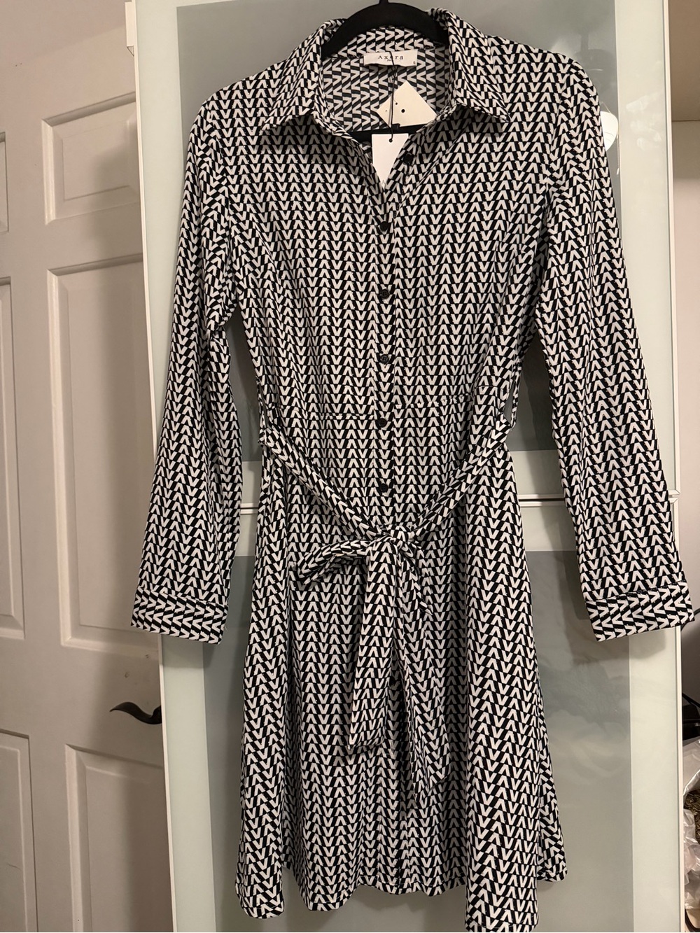 Axara Black & White Patterned Shirt Dress with Waist Tie